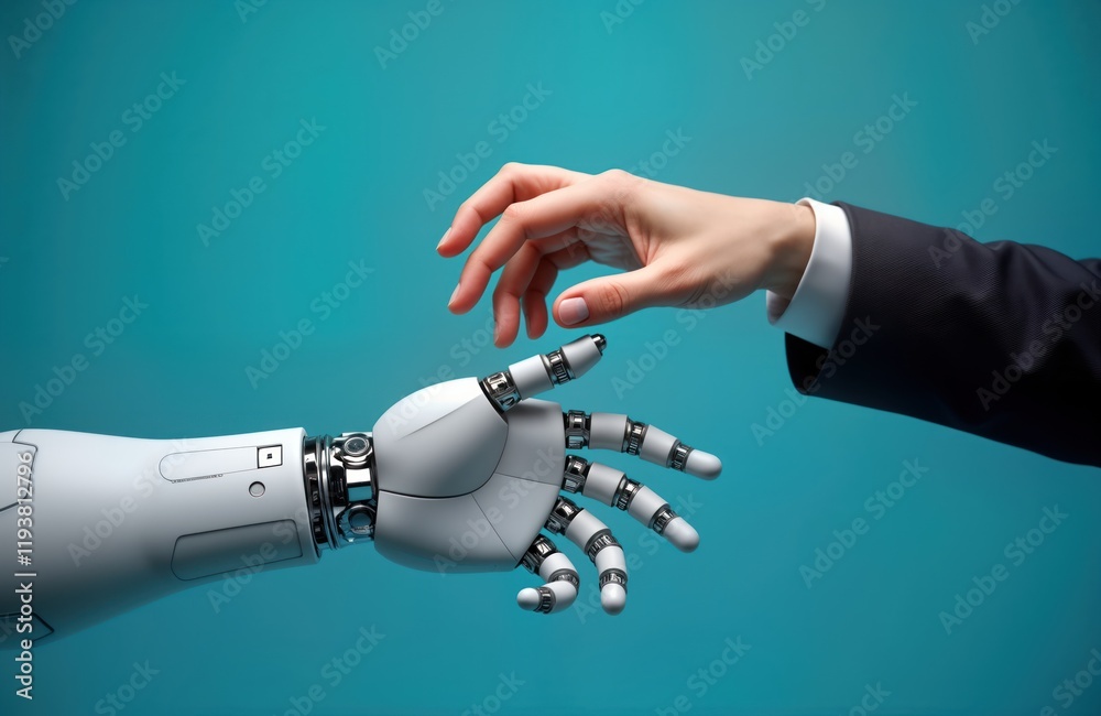 Poster Artificial intelligence hand robot interacts with human hand. Futuristic tech concept shows collaboration. White robot arm, hand reach towards human hand in gesture of connection. 3D rendering
