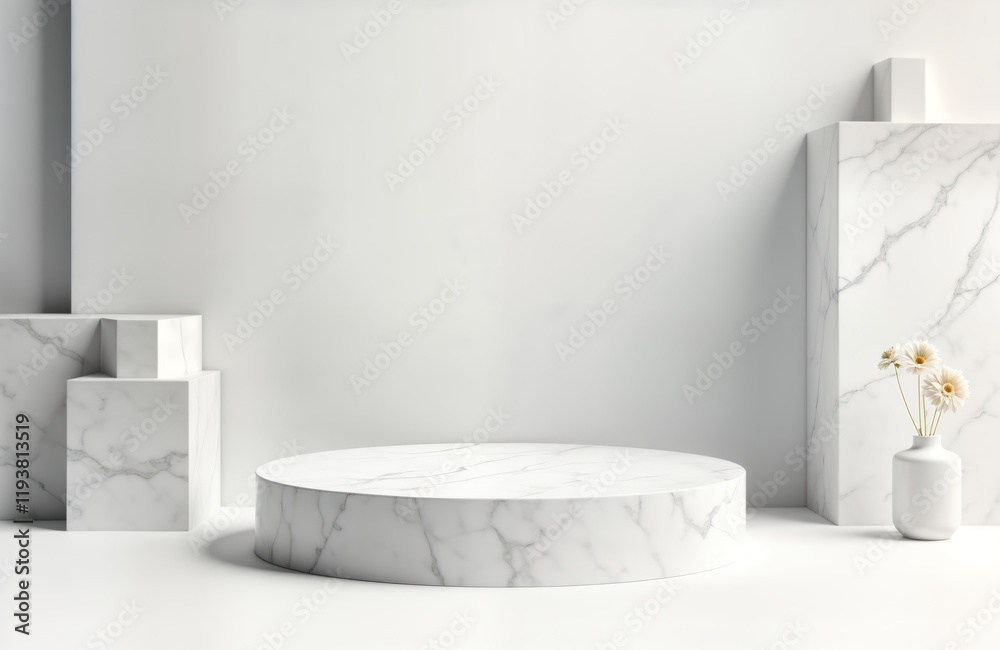 Aufkleber white marble geometric forms create minimalist podium display. blank pedestal showcase scene ideal f