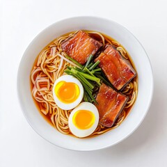 Fried pork belly ramen, Japanese cuisine concept, placed on noodles with egg and broth, isolated on white background