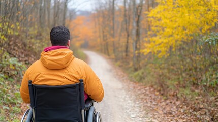 Autumn Forest Trail Tranquility: Wheelchair User Embraces Nature's Serenity in Peaceful Woodland Path with Bright Autumn Leaves, Inspiring Adventure and Inclusivity in Outdoor Exploration