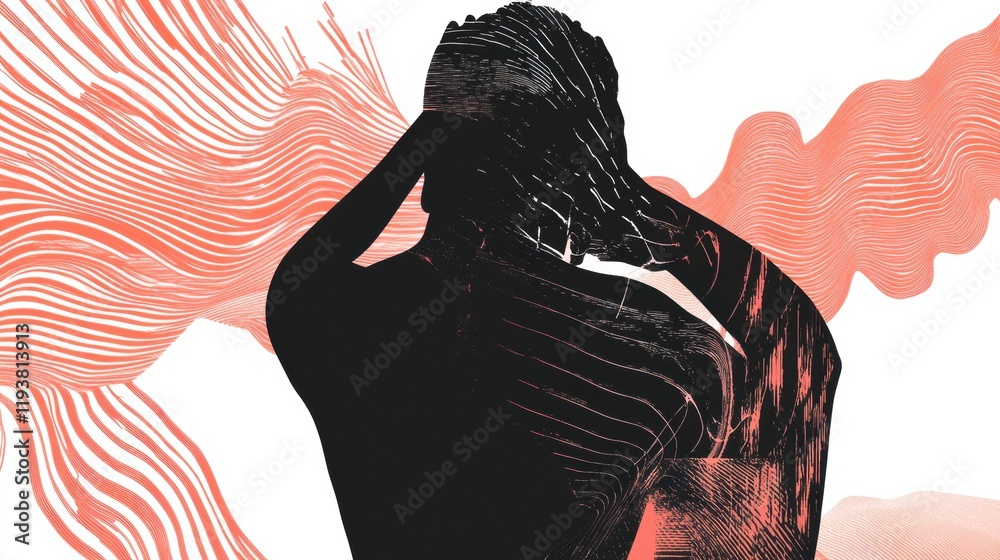 Fototapete Person experiencing discomfort surrounded by abstract forms and colorful waves representing mental and physical pain. Generative AI