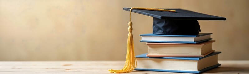 Graduation cap sits atop stack of books. Education concept. Rural youth empowerment. Scholarships support local tuition assistance program. Collaboration opportunities enhance rural learning.
