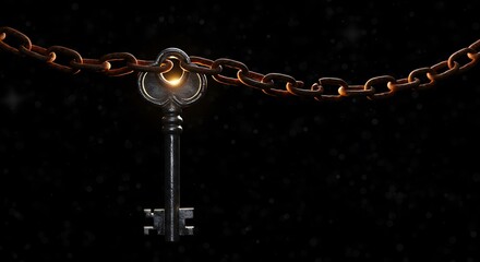 Rusty chain, antique key, unlocking freedom. Metal lock, dark opportunity.