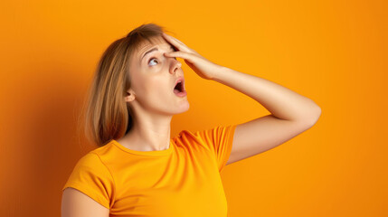 Fototapeta premium A person stands in awe, hand on forehead, mouth agape, against a striking orange backdrop, capturing pure surprise.