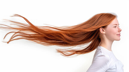 Fototapeta premium A stunning portrait of a redhaired girl showcases her long, shiny straight hair against a clean white background.