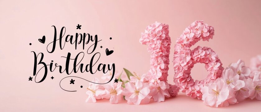 Happy 16th Birthday Floral Arrangement with Pink Flowers and Elegant Script