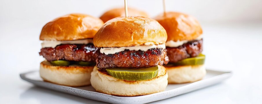 Fried pork belly sliders, mini burger concept, with soft buns and pickles, isolated on white background