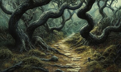 A rugged trail cutting through a thick forest of twisted trees, overgrown, nature, adventure, twisted trees, trail