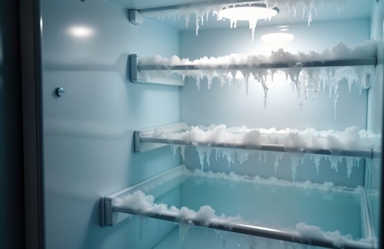 Empty refrigerator interior covered in frost, ice. Icy buildup on shelves, dripping icicles. Home appliance maintenance needed. Refrigerator defrosting required. Kitchen equipment showing need for