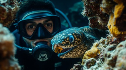 Fototapeta premium A close-up of a diver feeding a moray eel in a rocky crevice of the coral reef, with the eel stretching out to take the food.