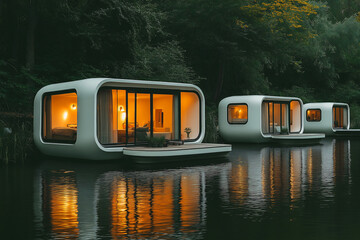 Floating Modular Houses with Warm Lights in Nature river lake