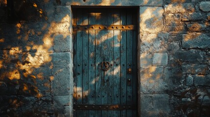 A close-up of a vintage door covered with iron strips, attached to the stone exterior of an old house, with a subtle reflection of light on the worn surface.