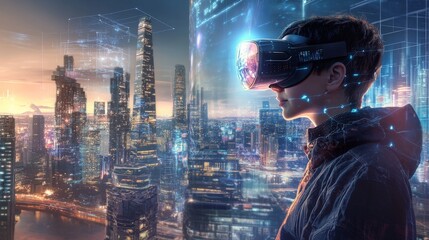 Fototapeta premium Young caucasian male engaged in virtual reality overlooking futuristic cityscape