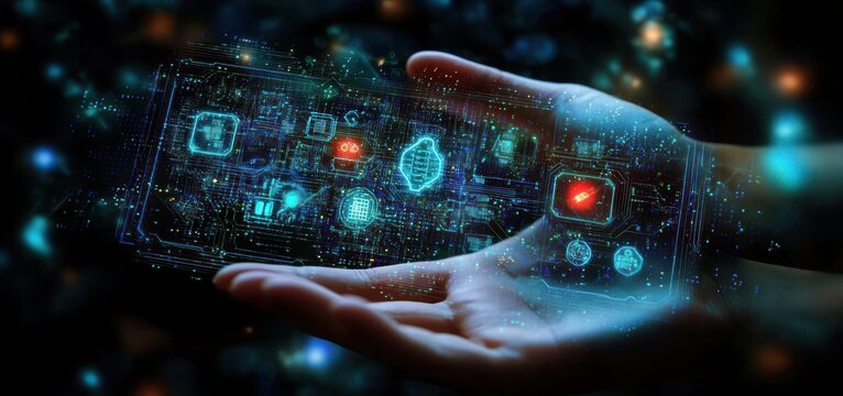 Futuristic Digital Interface in Hand with Glowing Circuits and Holographic Icons Emphasizing Technology and Innovation