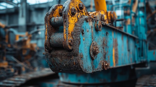 A close-up of a vintage construction crane with rusted metal details, positioned on an old construction site surrounded by machinery and tools