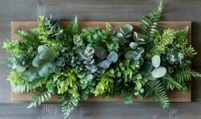 A lush greenery arrangement featuring artificial ferns and eucalyptus on a wooden panel, rustic charm, fern arrangement, artificial greenery wall decoration, botanical prints.