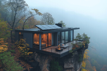 Modern Cliffside Container House with Solar Panels on roof top