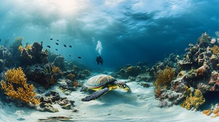 Obraz premium A diver approaching a sea turtle as it glides over a beautiful coral reef, with tropical fish swimming nearby in the crystal-clear water.