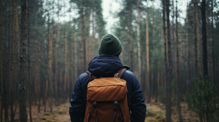 Young caucasian male exploring forest with backpack and hat in winter