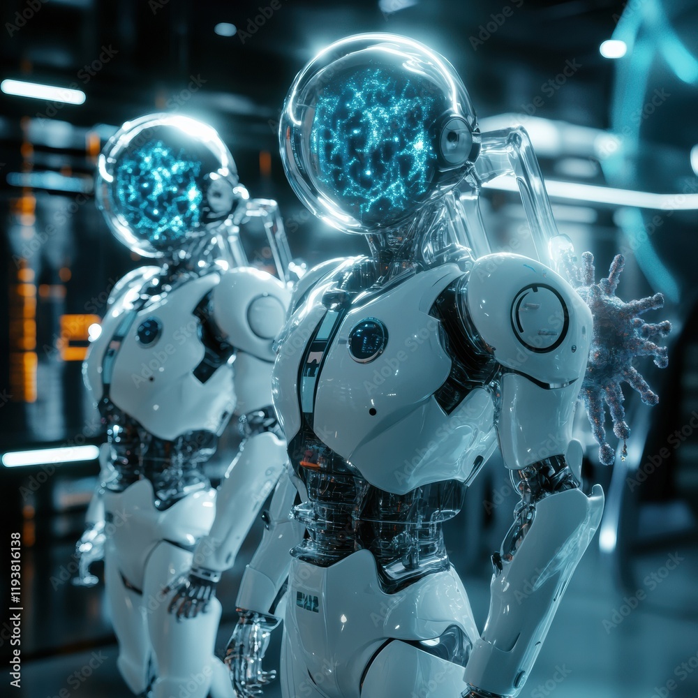 Poster Robots neutralize viruses in a futuristic high tech facility during a mission to enhance public health and safety. Generative AI
