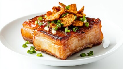 Fried pork belly with garlic chips, crispy and aromatic garnish, plated neatly, isolated on white background