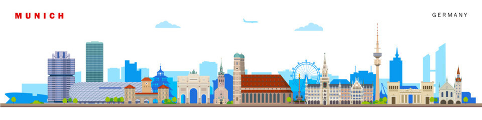 Munich city of Germany architectural famous buildings, travel and tourism themed vector illustration poster wall art.	