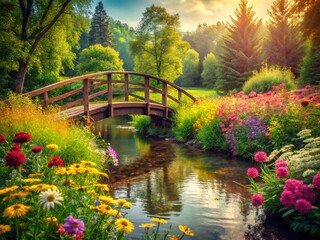 Vintage Wooden Bridge over Tranquil Stream, Lush Greenery, Blooming Flowers - Serene Landscape Photography