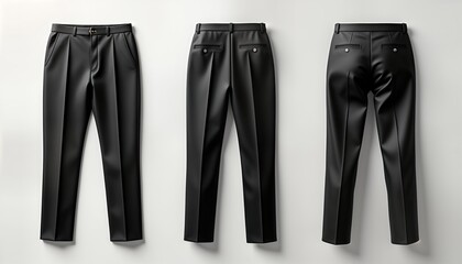 Black formal trousers mockup shows front back, side views. Stylish, classic trousers. Suitable for business formal occasions. High quality fabric. Professional, elegant look. Modern design. Ideal for