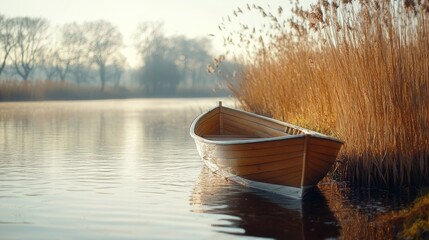 A small wooden boat floating gently on a tranquil river surrounded by tall reeds and soft morning light.