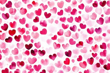 Watercolor Valentine's Day hearts pattern, in pink and red colors, on a white background Generative AI