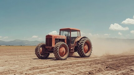 Obraz premium A vintage tractor with iron wheels and a classic design working through a dusty field, with clear skies above and distant mountains in the background.