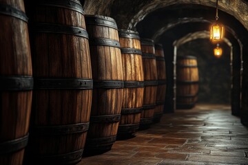 a row of rum cask inside barrels house
