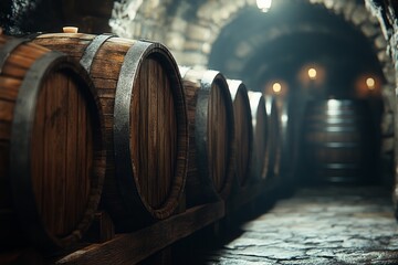 a row of rum cask inside barrels house
