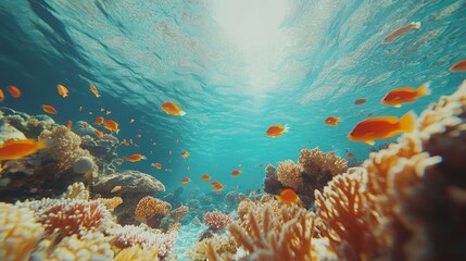 Naklejka premium A wide shot of a coral reef surrounded by a school of brightly colored fish, with the water clarity revealing the richness of marine life.
