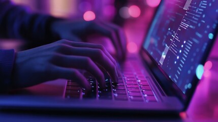 A closeup of hands smartly typing on a laptop with a close look at the screen presenting interactive exercises on data visualization techniques.