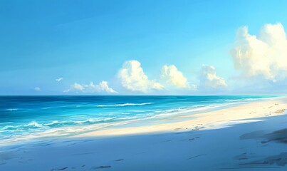 Fototapeta premium A serene beach scene with a vast expanse of blue ocean and soft white sand at sunset, sea, peaceful, nature, twilight