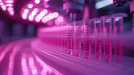 Laboratory Scene Featuring Test Tubes Under Bright Pink LED Lights in a Modern Research Facility, Showcasing Advanced Scientific Equipment and Precision Instruments