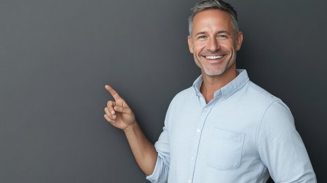 Smiling middle-aged man pointing on grey background for advertising concept