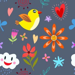 Abstract seamless pattern with blooming flowers and leaves.natural illustration with  flowers background.