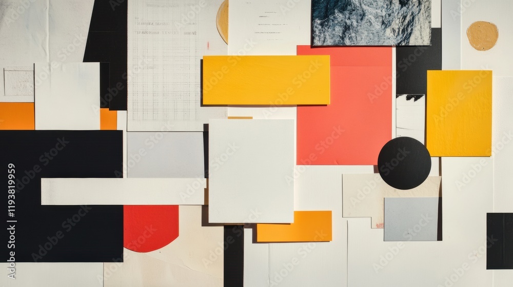 Poster collage of geometric shapes and text materials showcasing artistic arrangement and creativity in des