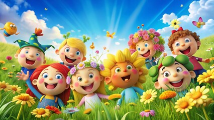 Naklejka premium Whimsical Creatures Sunny Day Green Landscape - Fun Cartoon Characters Enjoying Nature