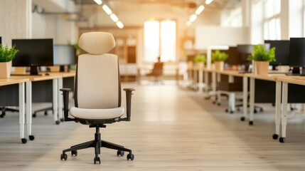 Fototapeta premium Modern open space office with sleek white chairs and a soft focus backdrop, promoting creativity and collaboration. A serene workspace vibe.