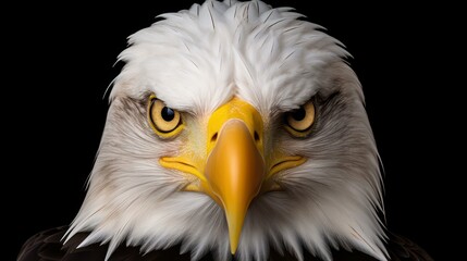 Fototapeta premium A stunning closeup of a Bald eagle against a deep black backdrop, showcasing its sharp features and fierce gaze.