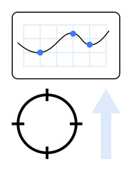 Data chart with blue datapoints, target symbol, and light blue upward arrow suggesting growth, targets, and success. Ideal for business goals, performance tracking, analytics, strategy development