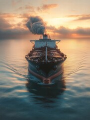 Fototapeta premium Massive oil tanker traverses calm ocean waters with smoke rising from chimneys at sunset. Generative AI