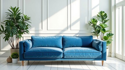 A luxurious blue velvet couch faces a pristine white wall, flanked by elegant greenery&mdash;a striking plant in a white pot to the right and a charming small green companion to the left