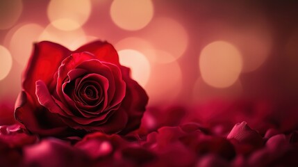 Beautiful red rose lying on a bed of petals with a warm bokeh background, creating a romantic and intimate atmosphere