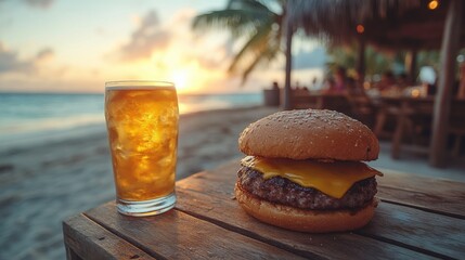 Delicious cheesy burger with a refreshing drink on a wooden table at a tropical beach during sunset, perfect for summer vacation bliss and culinary enjoyment