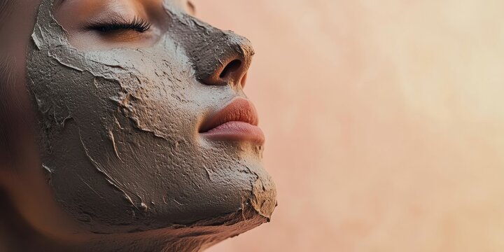 Female with clay face mask relaxing during sunset skincare treatment