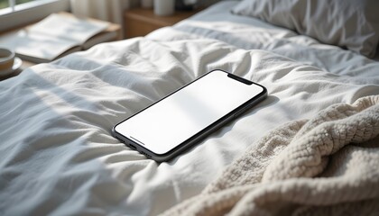 Cozy Phone Mockup on Bed: Modern Lifestyle Concept